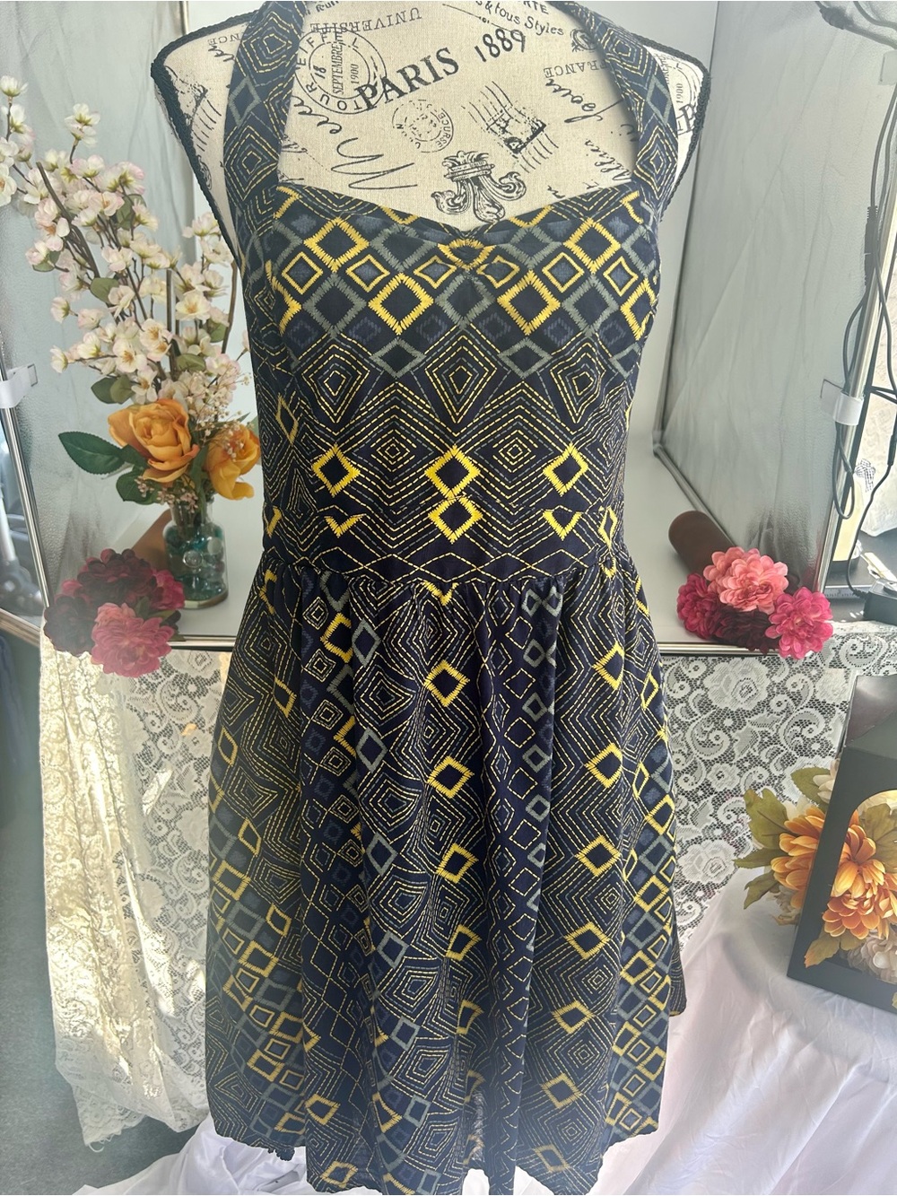 boho sugarcoated, fairy, classic Navy and Yellow Geometric Halter Midi Dress